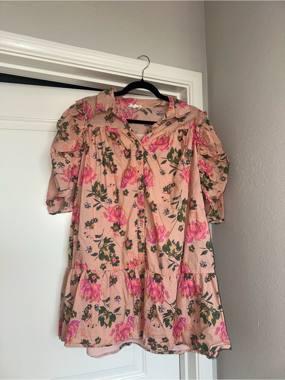 entro Pink Floral Puff-Sleeve Casual Dress